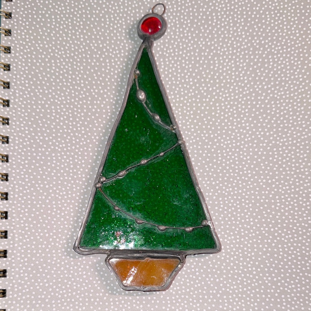Vintage Stained Glass Christmas Tree Ornament Green Red
